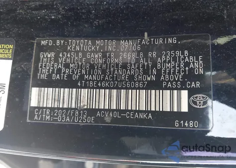 2007 Toyota Camry Le из США, поврежденный, VIN 4T1BE46K07U560867